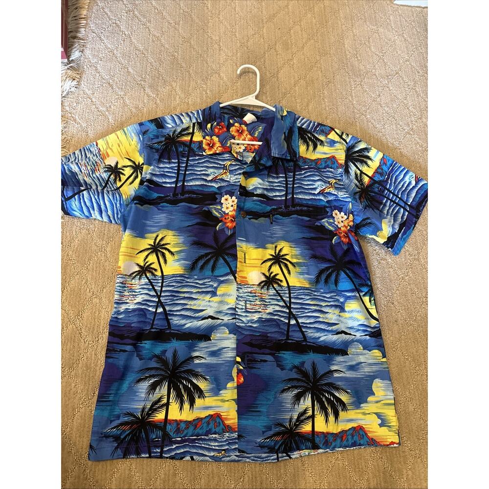 Palmwave Hawaiian Aloha Shirt Blue Tropical Sunset Palm Trees Mens L Cotton